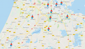 Kaartje van Nederland met de zeven locaties van MOC 't Kabouterhuis